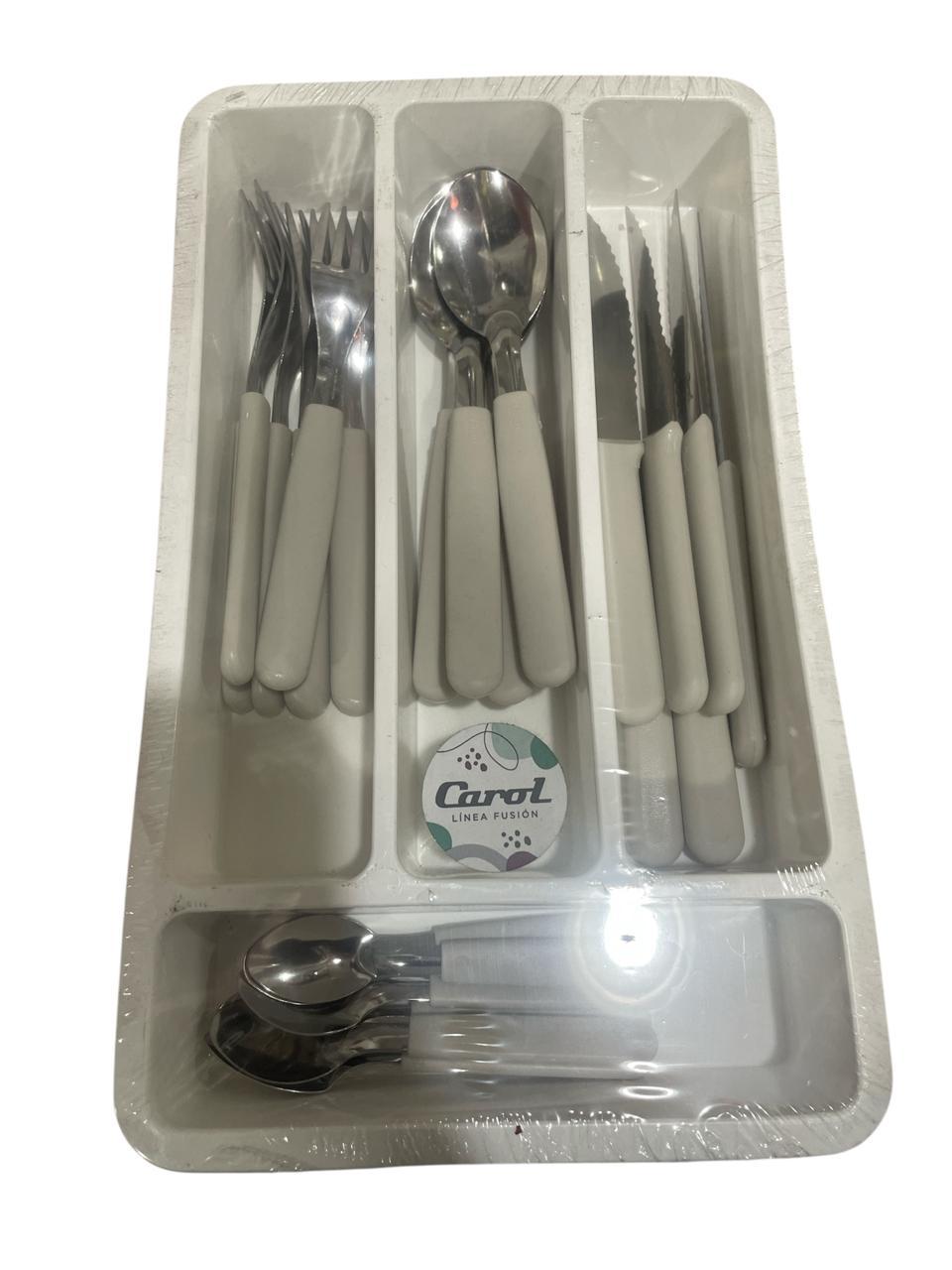  CUBIERTOS X 24 PIEZAS CON CUBIERTERO PLASTICO CAROL